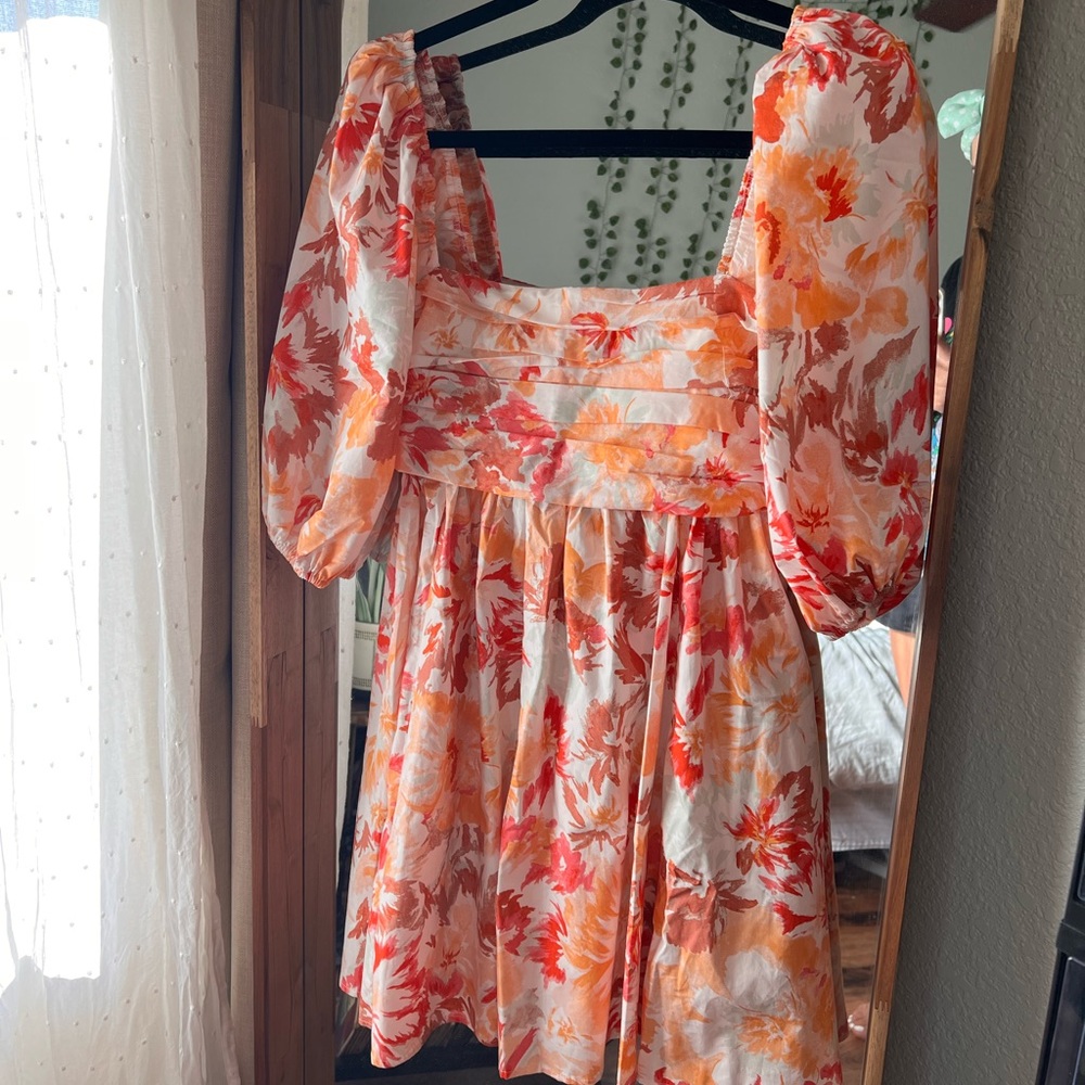 Women's Ruched Bodice Puff Sleeve Mini Dress WHITE Floral